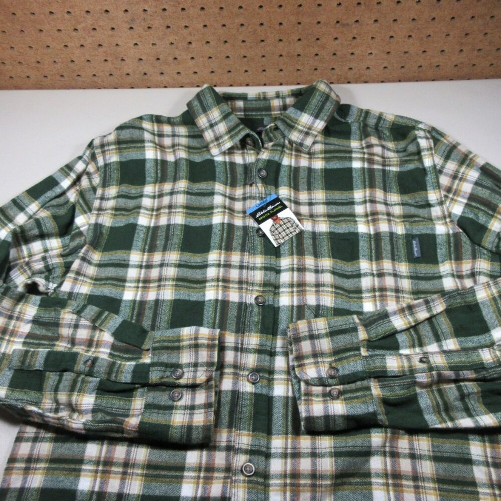 Eddie Bauer mens green brown yellow Bristol plaid outdoor flannel L NWT
